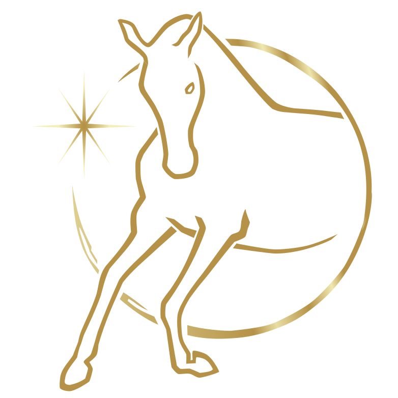 Logo du Domaine de Sirius, élevage de Lusitaniens de couleurs. Doré, il représente l'étalon de l'élevage aux côté d'une étoile brillante.