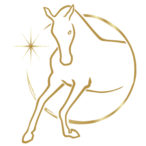 Logo du Domaine de Sirius, élevage de Lusitaniens de couleurs. Doré, il représente l'étalon de l'élevage aux côté d'une étoile brillante.